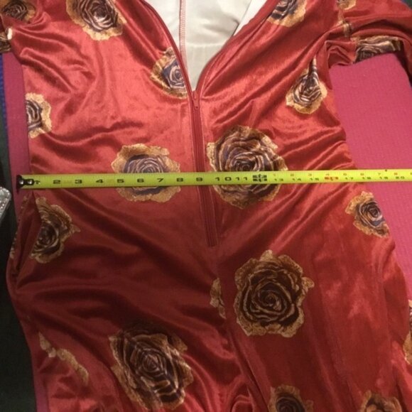 Oyrosy Elegant Red Floral Rose Velvet Zip up  Long Sleeve  Retro Jumpsuit M - Picture 6 of 15